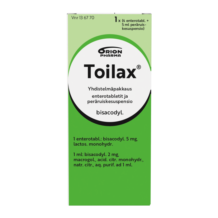 TOILAX YHDISTELMÄPAKKAUS enterotabletti ja peräruiskesuspensio 5 mg + 2 mg/ml 4 fol + 5 ml