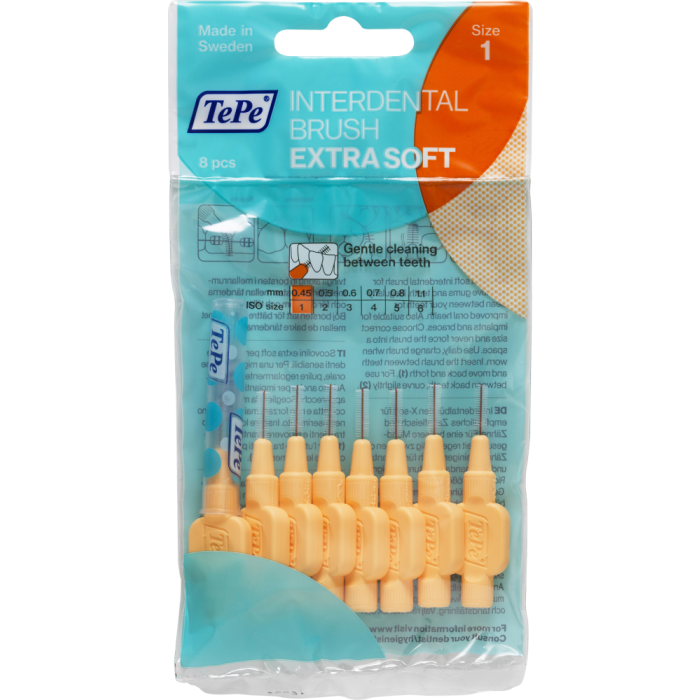 1000017904_TePe_hammasvaliharja_0_45_mm_Extra_soft_oranssi_8_kpl_pakkauskuva_Pakkauskuva18286_jpg